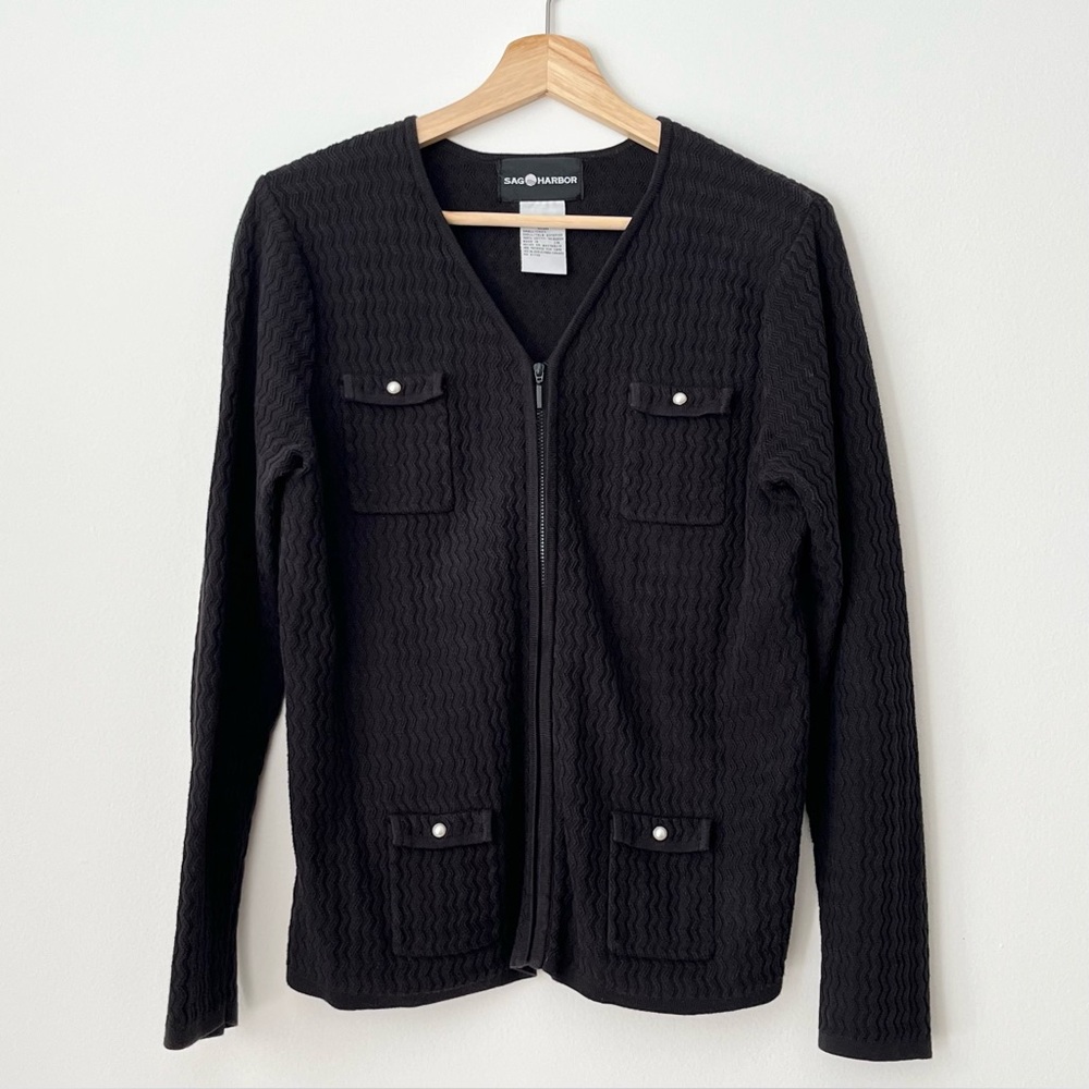 Sag Harbor Women's Black Chevron Knit Cardigan Size S Zip Up Made in Australia